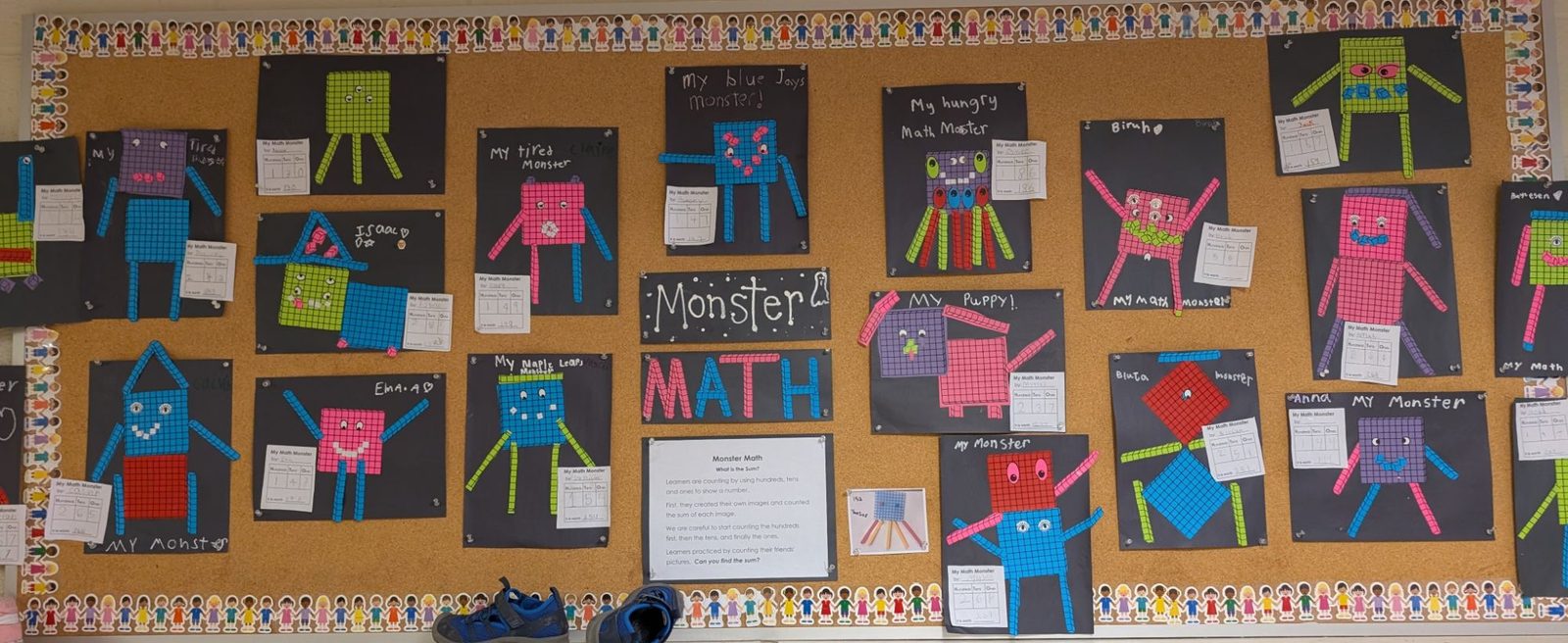 Monster pictures built from grids of hundreds, tens and ones blocks in pink, blue, green, purple and red