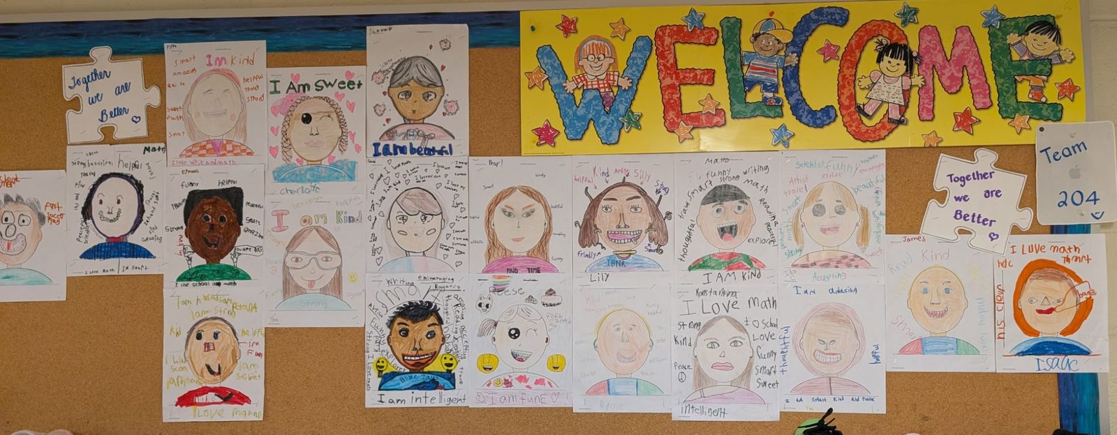Self-portraits with kind words written around them, under a bright Welcome sign